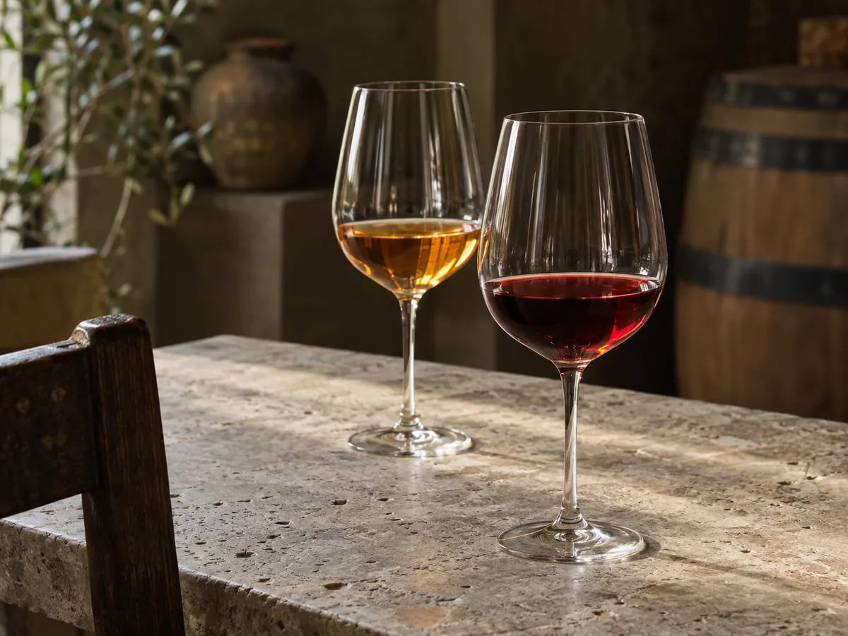 Calici di vino ambrato e rosso su un tavolo di degustazione