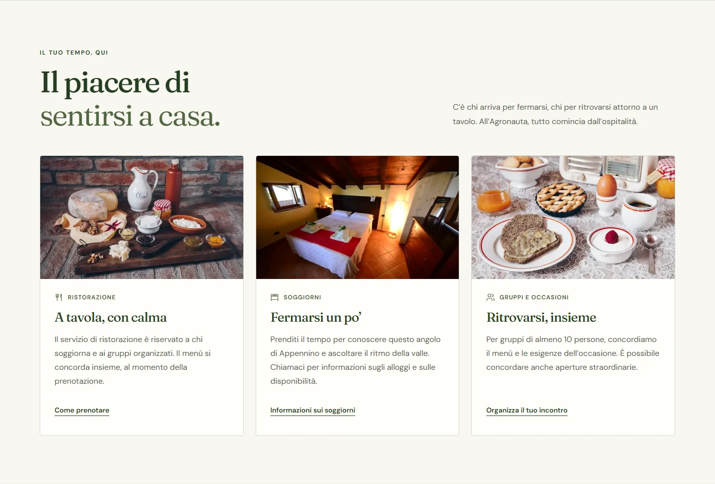 Sezione della proposta Agronauta dedicata a ristorazione, soggiorni e occasioni per gruppi