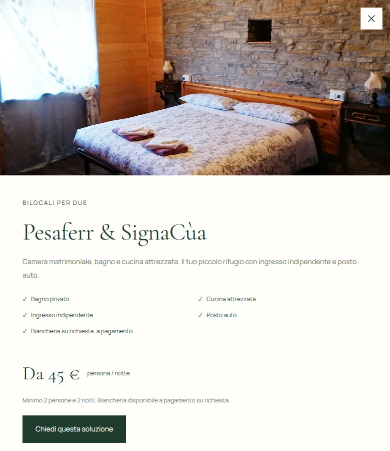 Scheda degli appartamenti Pesaferr e SignaCùa con fotografia, servizi e passaggio alla richiesta