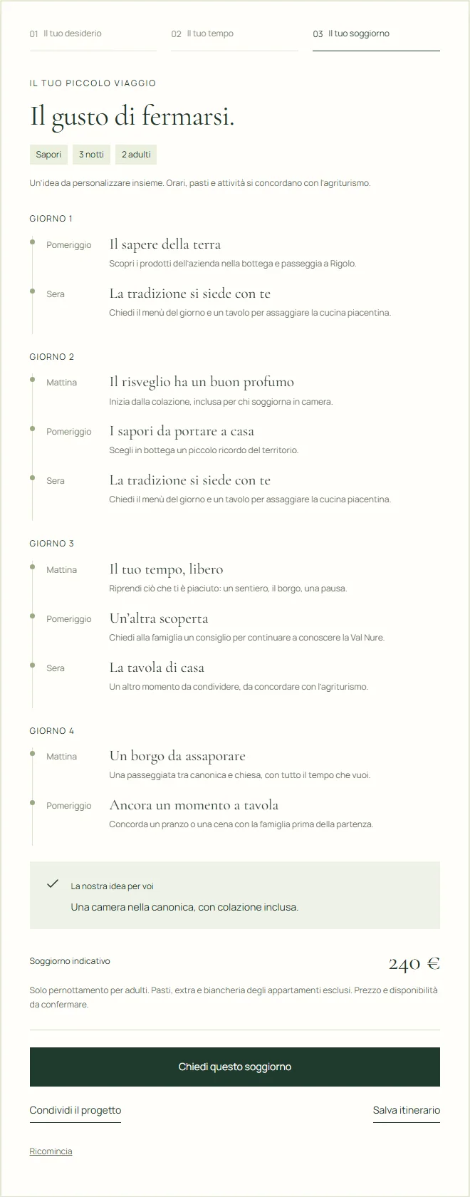 Risultato Il tuo ritmo con preferenze, itinerario per giorni, proposta di alloggio e comandi di condivisione e download