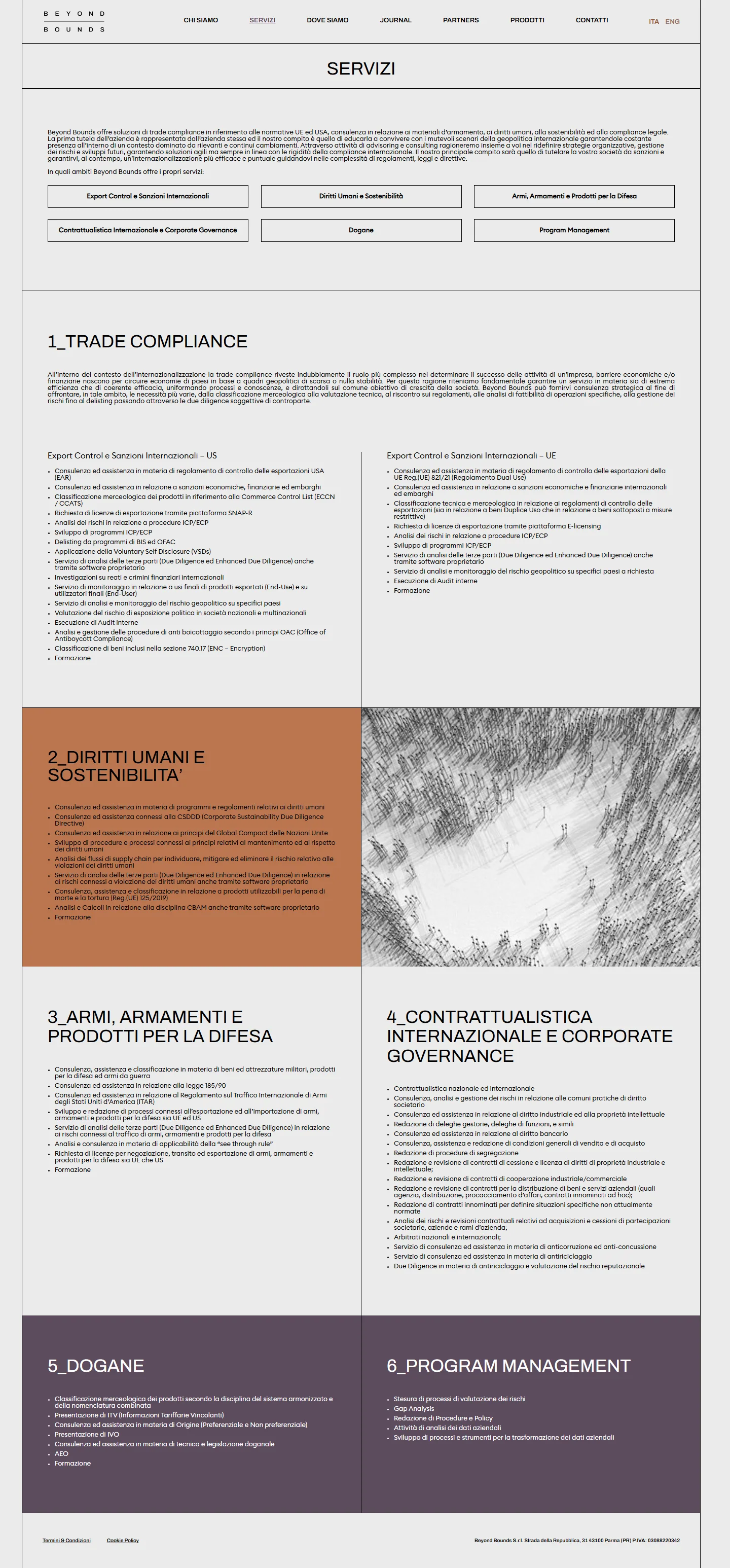 Pagina Servizi di Beyond Bounds: griglia editoriale, aree di consulenza e sezioni con accenti cromatici