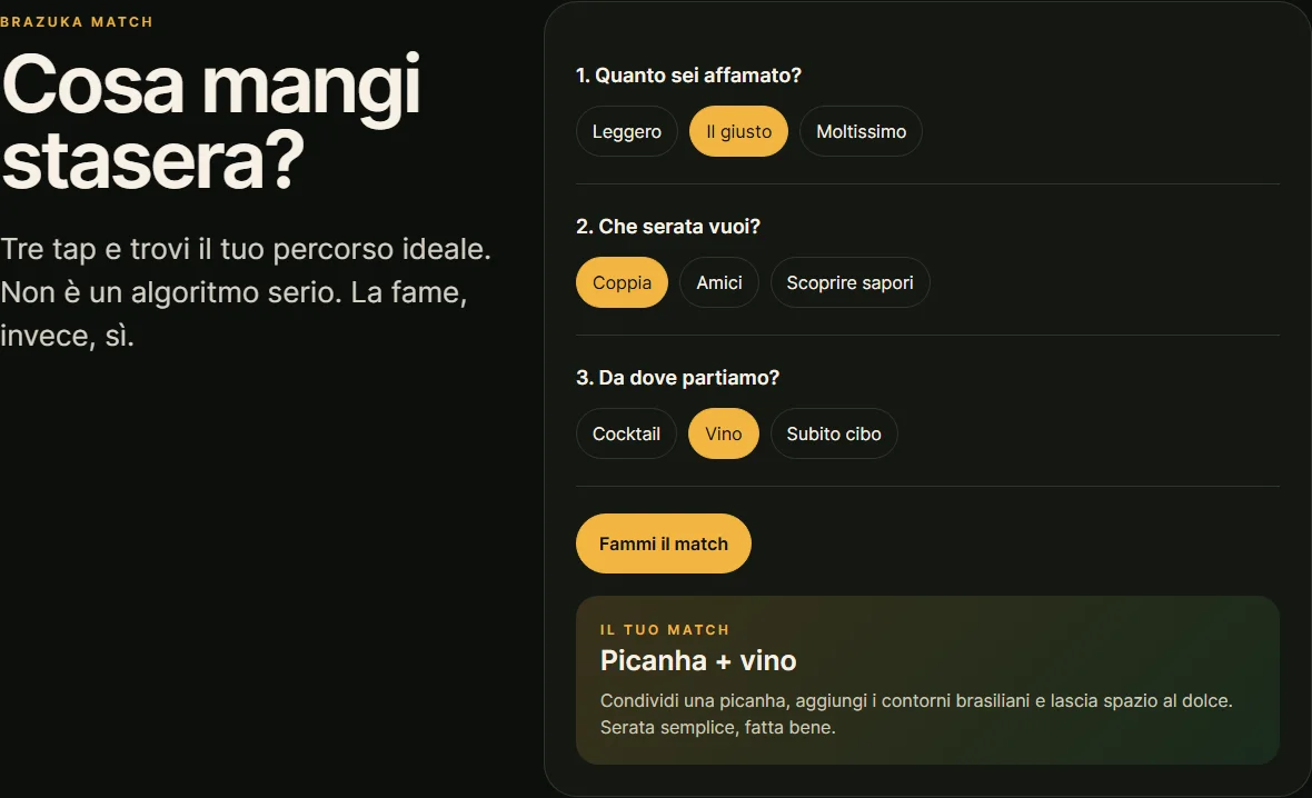 Brazuka Match con appetito medio, serata in coppia e vino selezionati e suggerimento Picanha più vino