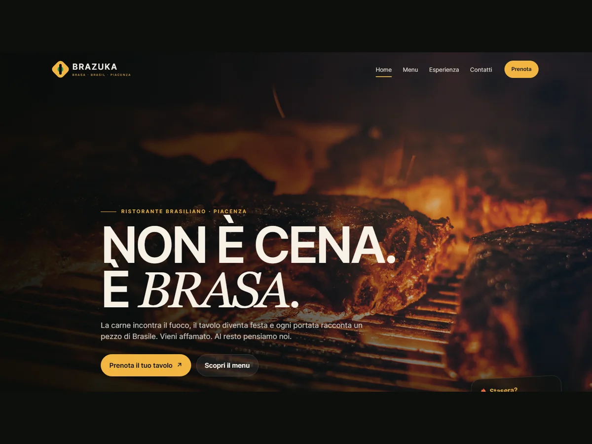 Apertura della proposta Brazuka con fotografia della brace, titolo Non è cena. È brasa e pulsanti verso menu e contatto