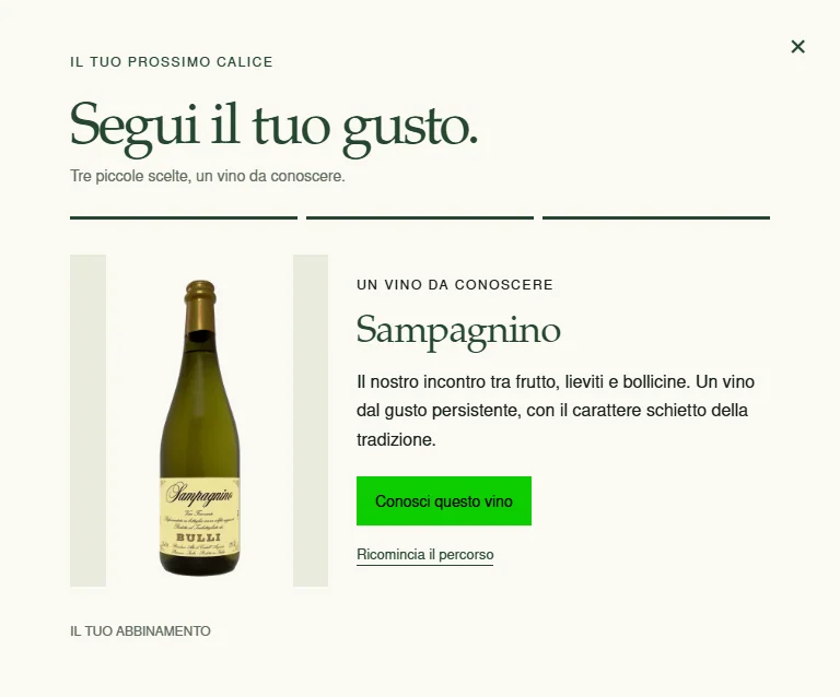 Risultato del wine finder Bulli: vino Sampagnino, fotografia della bottiglia e collegamento alla scheda