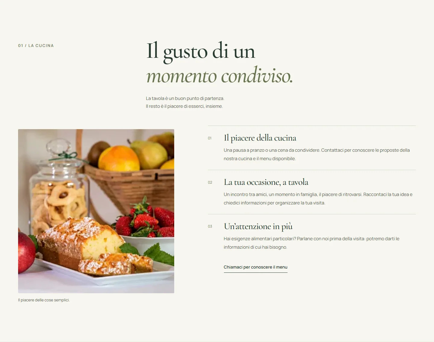 Sezione La cucina della proposta Ca' del Sartù, con fotografia della tavola e tre percorsi informativi
