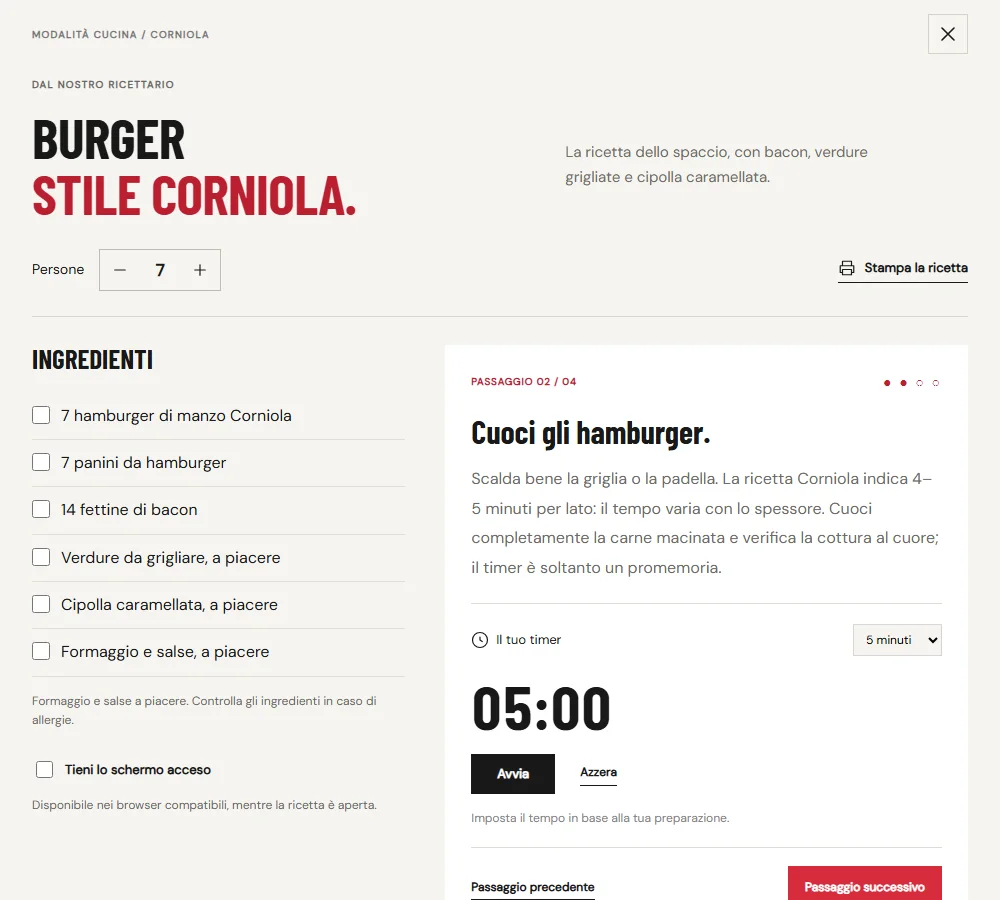 Modalità cucina Corniola con ingredienti per sette persone, checklist, secondo passaggio della ricetta e timer