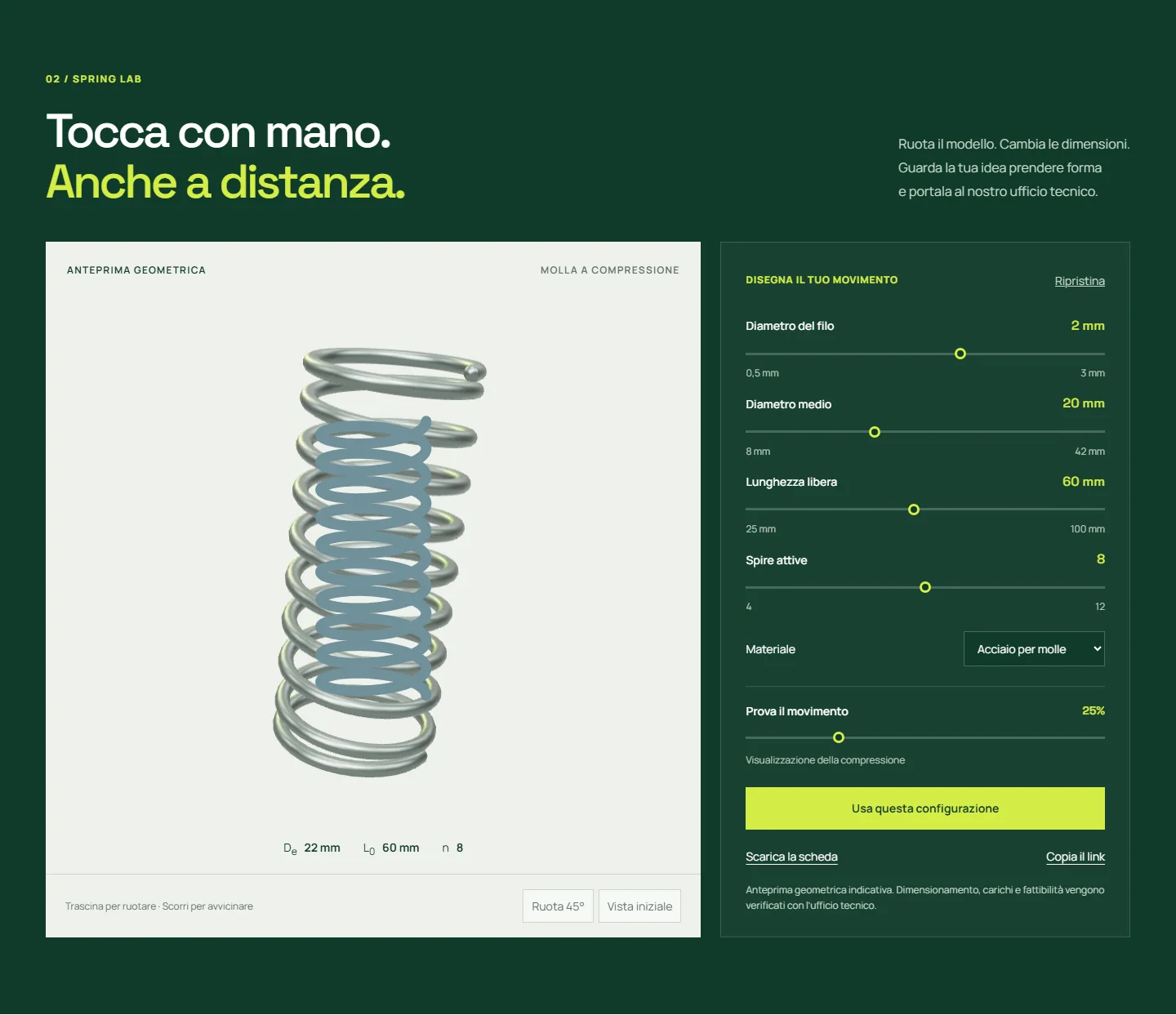 Spring Lab di Colombi: anteprima della molla e controlli per geometria, materiale e compressione