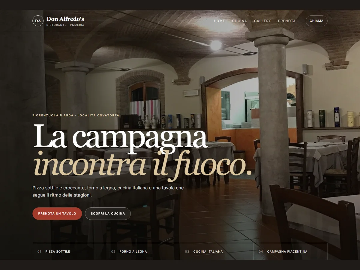 Composizione di apertura della proposta Don Alfredo’s, con fotografia della sala, titolo e collegamenti a cucina e contatti
