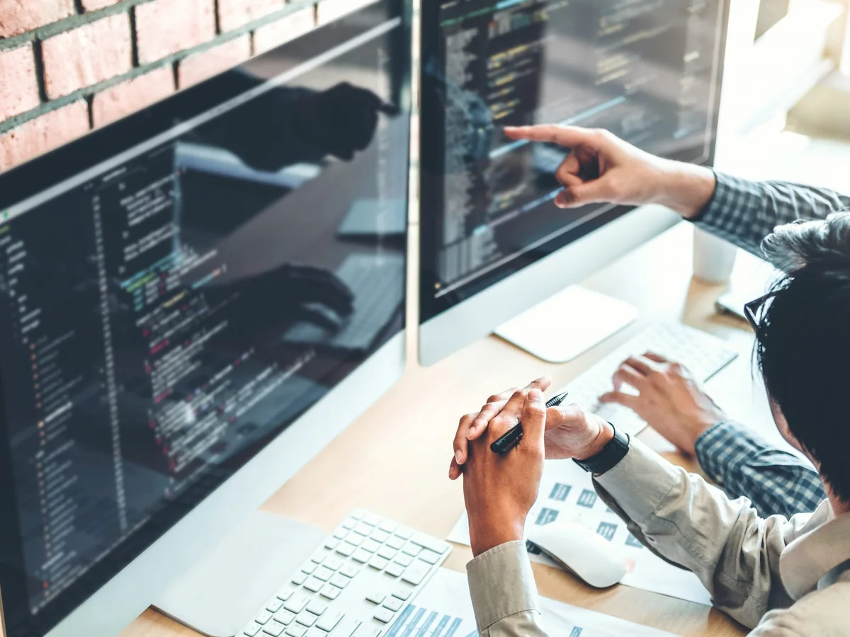 Due professionisti al lavoro davanti a monitor con codice, foto fornita per il progetto Ester