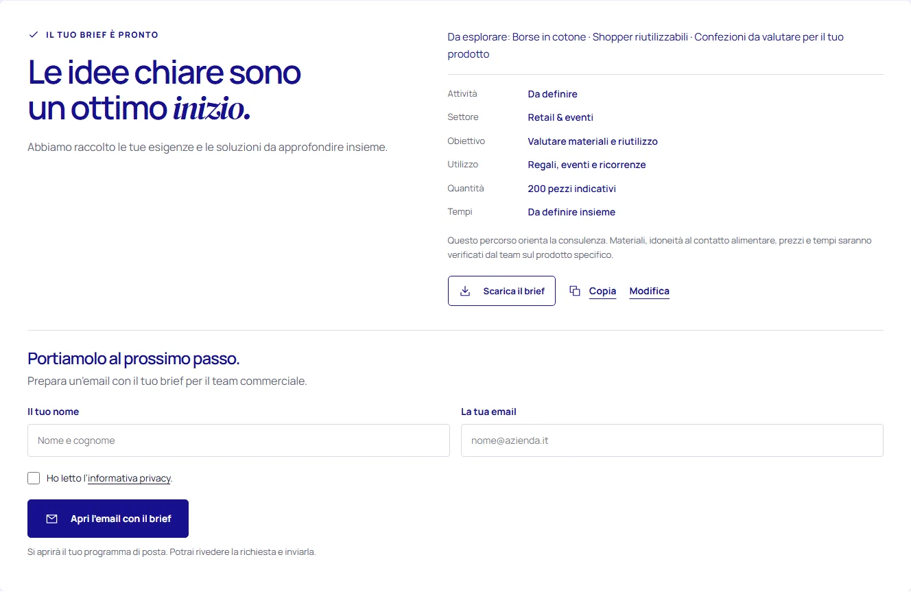 Riepilogo del brief Pluricart con scelte raccolte, download e passaggio alla preparazione dell’email
