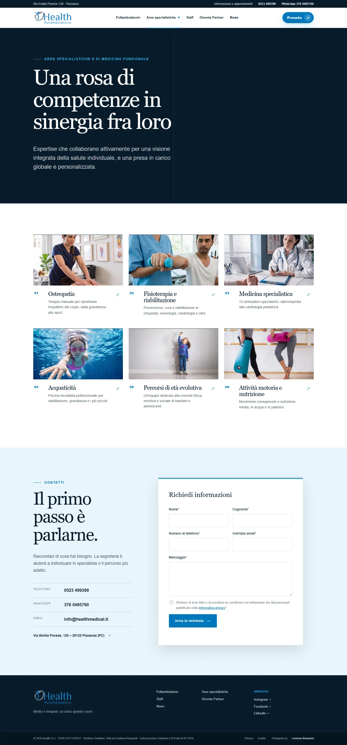 Pagina delle aree specialistiche del Poliambulatorio Health con schede illustrate e collegamenti agli approfondimenti