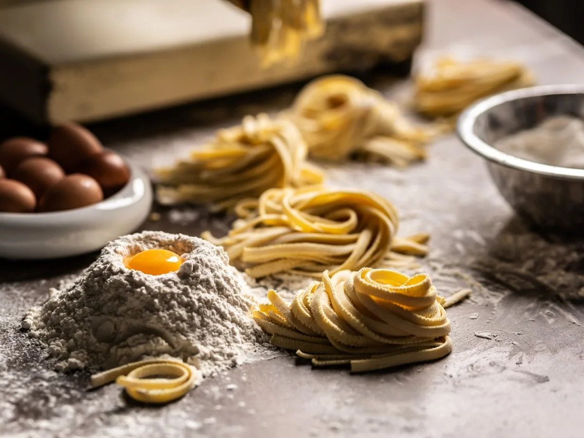 Ingredienti per la pasta fresca: farina, uova e tagliatelle sul piano di lavoro