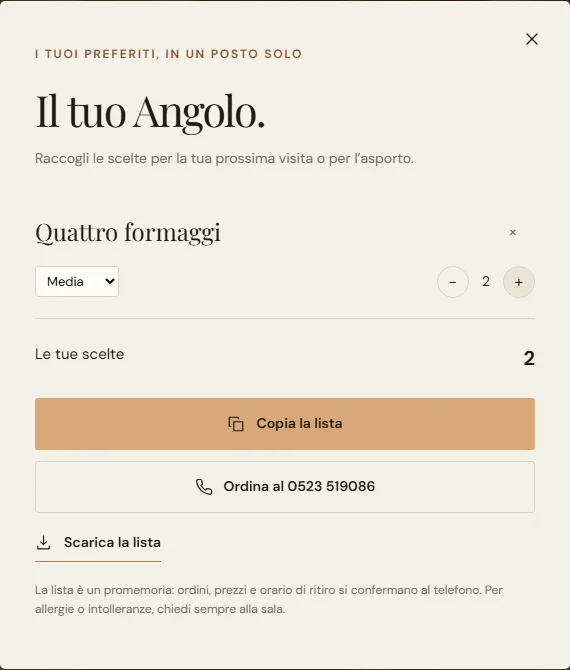 Lista L’Angolo con pizza Quattro formaggi, selettore di formato, quantità e download del promemoria