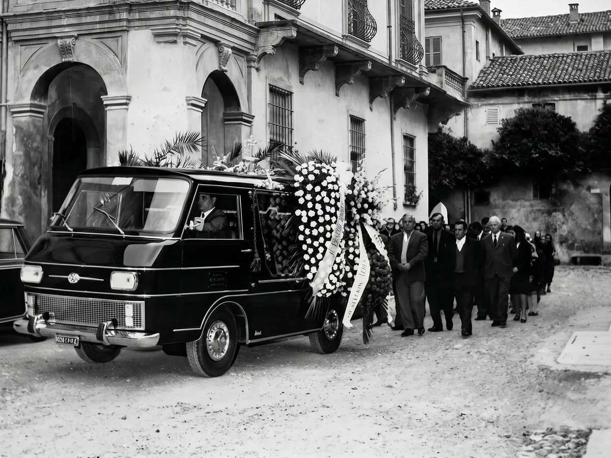 Corteo funebre con carro e persone davanti a un edificio storico