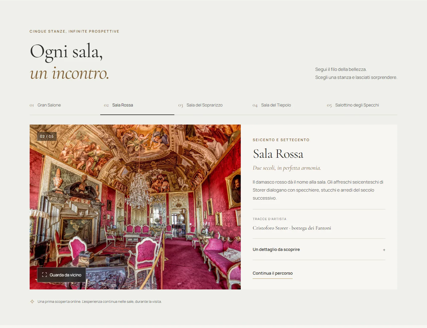 Percorso interattivo di Palazzo Terzi con Sala Rossa selezionata, fotografia e approfondimenti