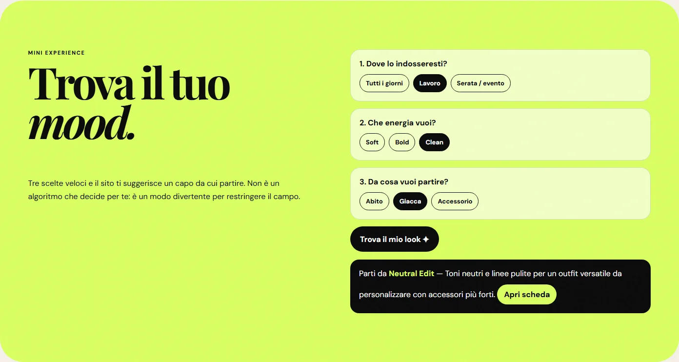 Style Finder con lavoro, energia clean e giacca selezionati e suggerimento dal catalogo dimostrativo